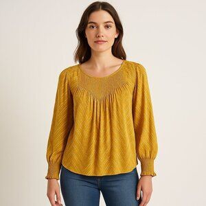 Lucky Brand Top L Smocked Chest Long Sleeve Cottagecore Mustard Yellow Bohemian